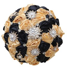 Khaki Black Wedding Bouquet Handmade with Luxury Gold Rhinestone Brooch for B...