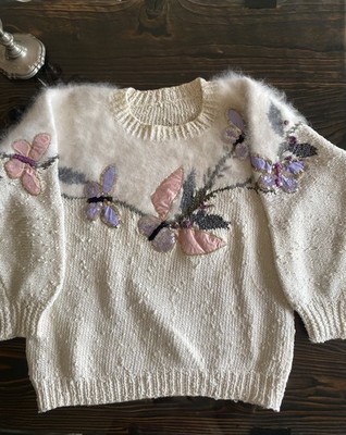 Anny Blatt Pullover Baumwolle und Angora weiß  Elegante Wolle Strickjacke Schmetterlinge