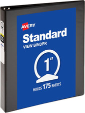 Standard View 3 Ring Binder, 1" round Rings, 1 Black Binder