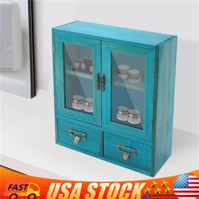 2-Tier Wood Storage Cabinet w/ 2 drawers Double Door Counter Top Storage Cabinet