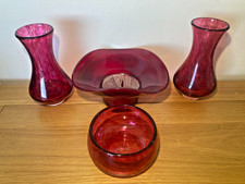 Mid Century 1950s/60s Red Glass Bowl, Candy Dish, Vase x2, Retro Vintage