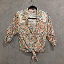 American Rag Cie Blouse Womens Medium Crochet Boho Floral Crew Tie Front