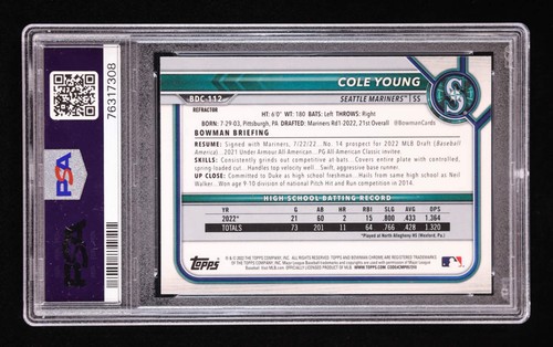 Cole Young Signed 2022 Bowman Chrome Draft Refractor #BDC112 RC (PSA 9 | Auto 10 - Picture 2 of 2