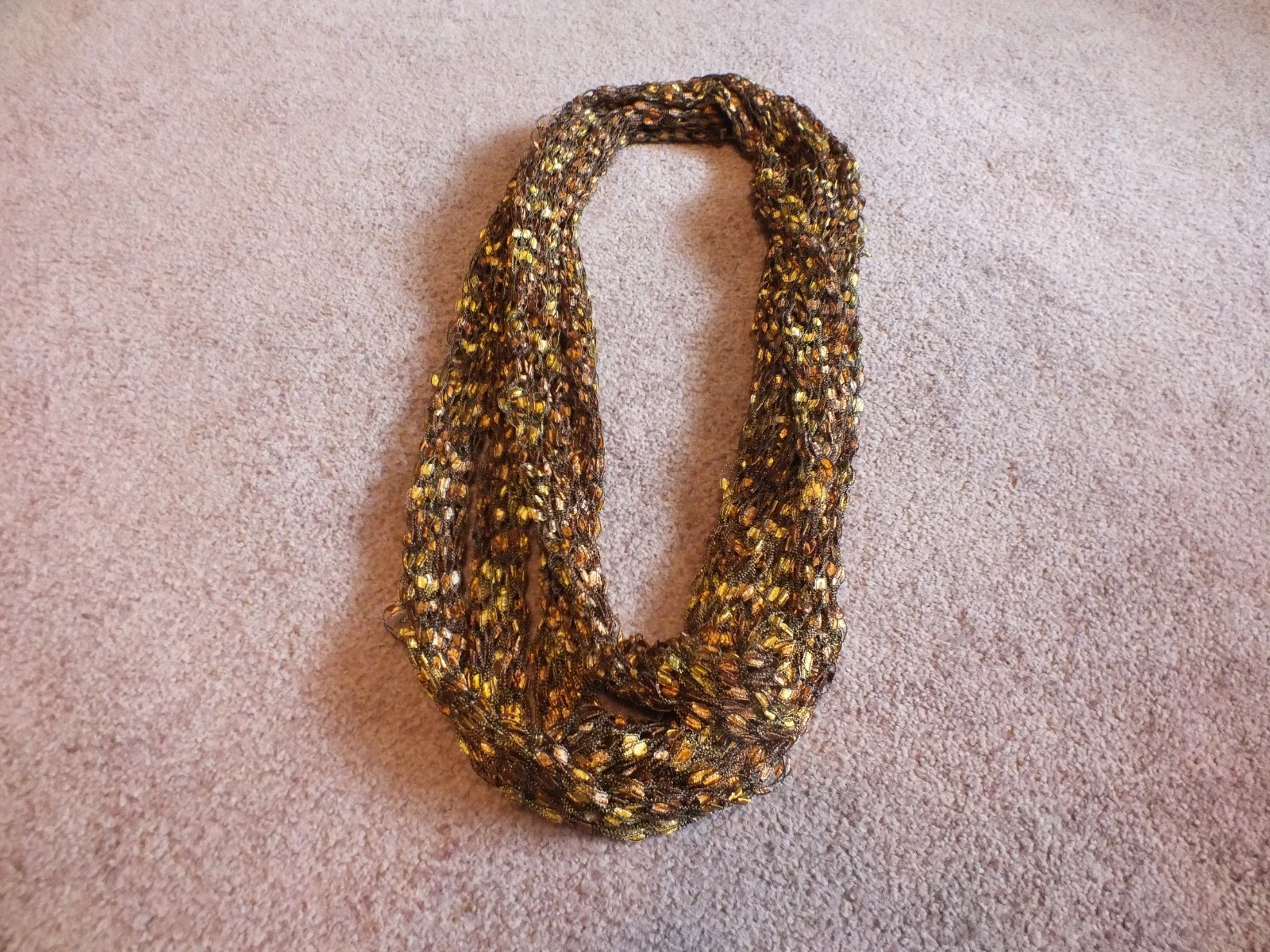Beautiful Handmade Crocheted Infinity Scarf 160" Long Shown Folded Brown Orang