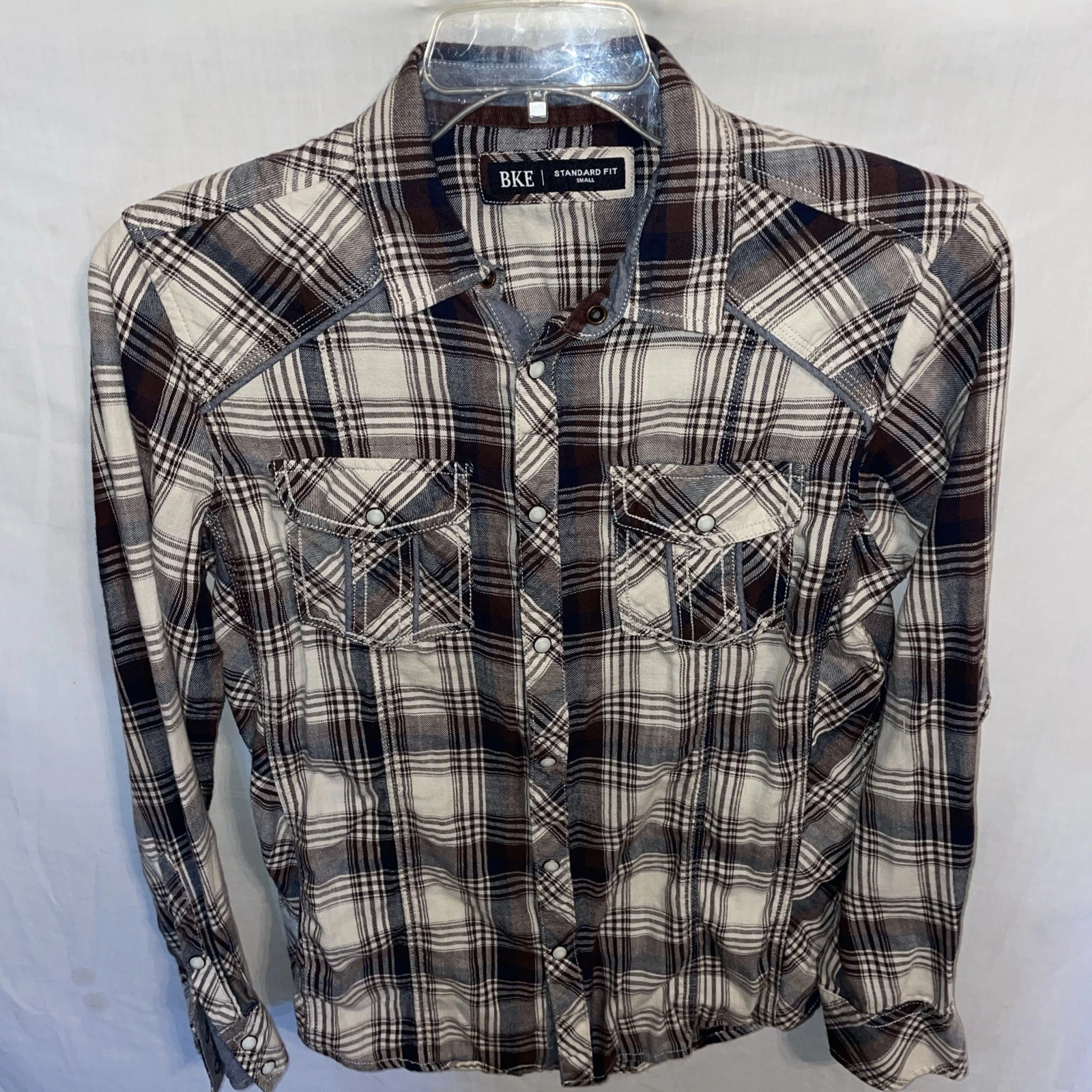 BKE Mens Pearl Snap Shirt Size Small Brown Plaid Outdoors Western Rodeo