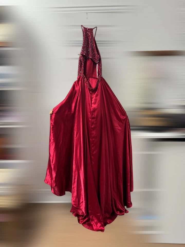Sherri Hill Red Beaded Halter Satin Ball Gown Dress – Size 10 Formal Prom Dress - Image 2 of 4