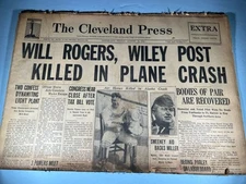 WILL ROGERS,  WILEY POST KILLED IN PLANE CRASH  1935 Cleveland Press Newspaper