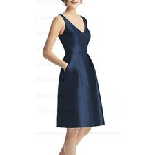 Alfred Sung Midnight Blue Satin Twill Cocktail Dress with Pockets Size 6R NWT