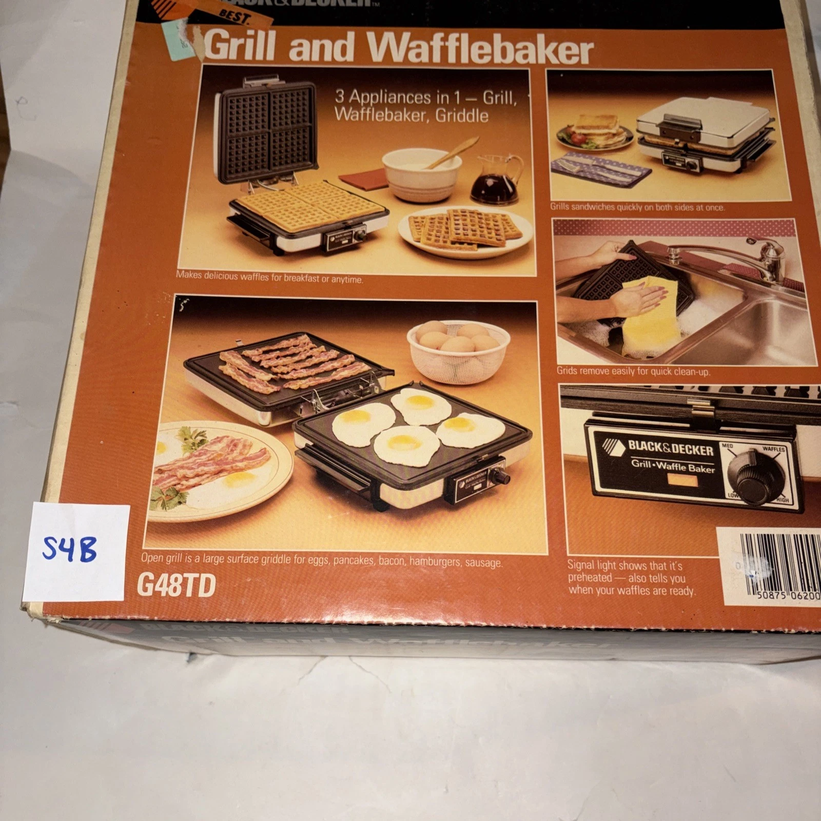 Vtg Black & Decker Grill & Waffle Baker 3 In 1 Nonstick Reversible Plates G48TD