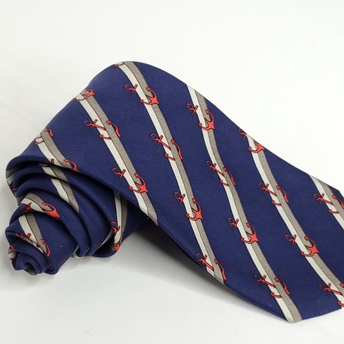 Hermes Mens Silk Tie Necktie Nautical Anchor Boating Sailing Navy Blue Red - Picture 2 of 7