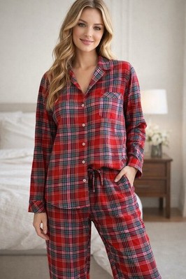 Victoria Secret Pajamas Red Plaid + Metallic Thread Small Soft Cotton/Modal NEW!