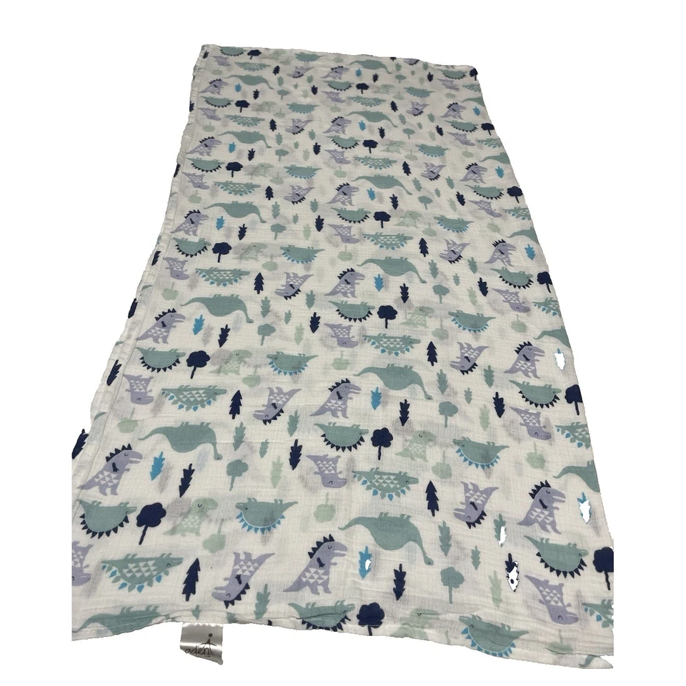 Manta Aden + Anais Dinosaurio Dino Bebé Azul Blanco Verde Árboles Muselina Foto 3 de 4