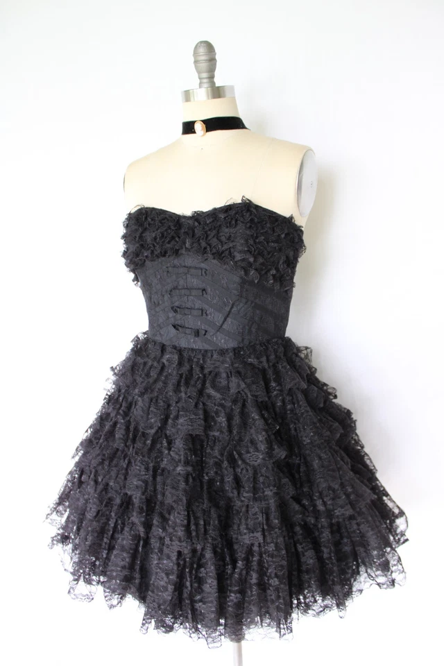Betsey Johnson Vintage Tea Party Corsé Vestido Negro Encaje Tul Bailarina Tutú Foto 2 de 4