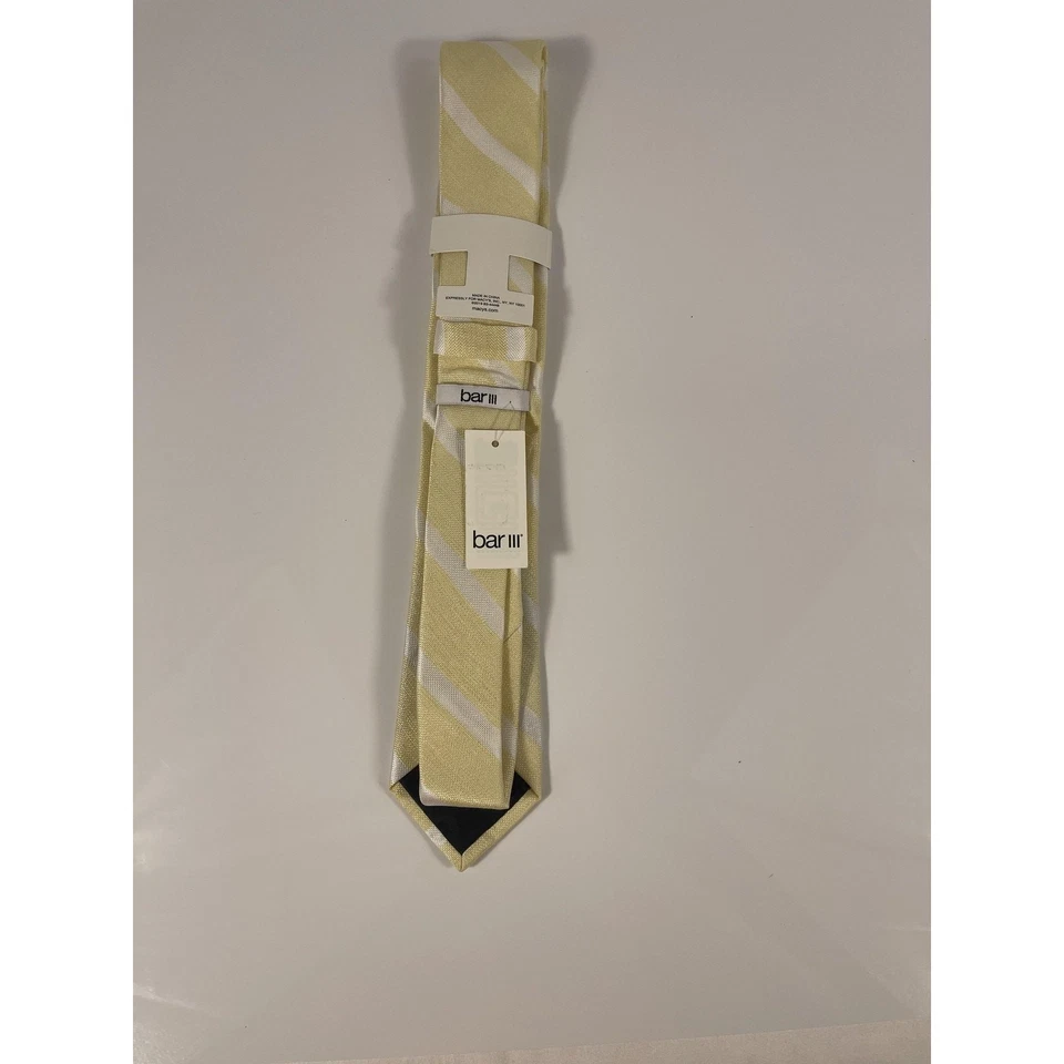 Gravata Bar III masculina listra branca amarela Lovett mistura de seda fina moderna formal nova com etiquetas - Imagem 4 de 4