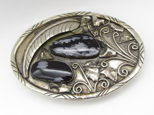 Southwest Style Oval Silver-Plated Belt Buckle with Black Snowflake Obsidian