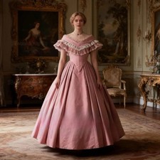 Vintage Victorian Pink Prom Dresses Short Sleeves Pink Satin Ball Gown Civil War