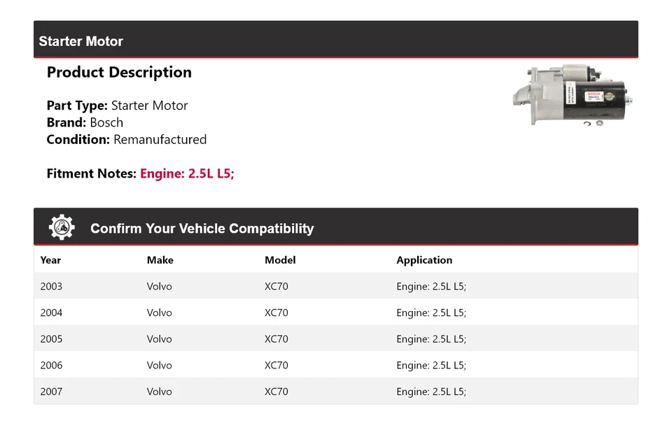 Motor De Arranque Bosch Para Volvo XC70 2003-2007 2,5 L L5 (Remanufacturado) 2004 2005 2006 Foto 2 de 4