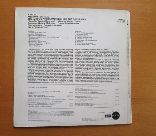 ECS 566 Handel Messiah Choruses Sir Adrian Boult 1970 NM/EX Decca Eclipse - Picture 5 of 5