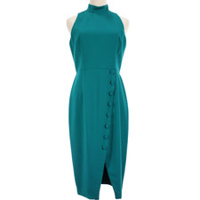Black Halo NWT High Neck Sleeveless Dress with Buttons Size 8 in Solid Jade Blue