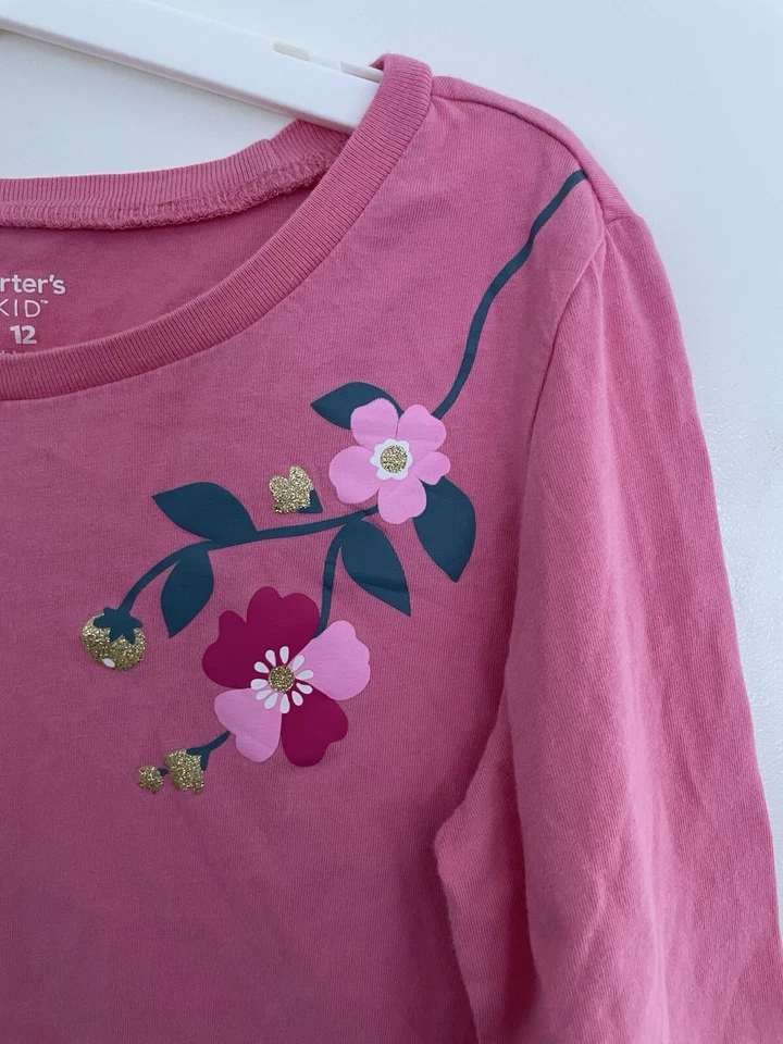 Carter's Kid Girl Glitter Floral Dove Bird 100% Cotton Long Sleeve Shirt Pink 12 - Image 3 of 4