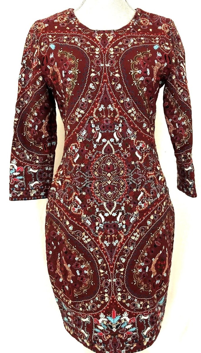 New HAUTE HIPPIE 3/4 Sleeve MERLOT Embroidered Sheath Mini Dress - 10 -  $1,095