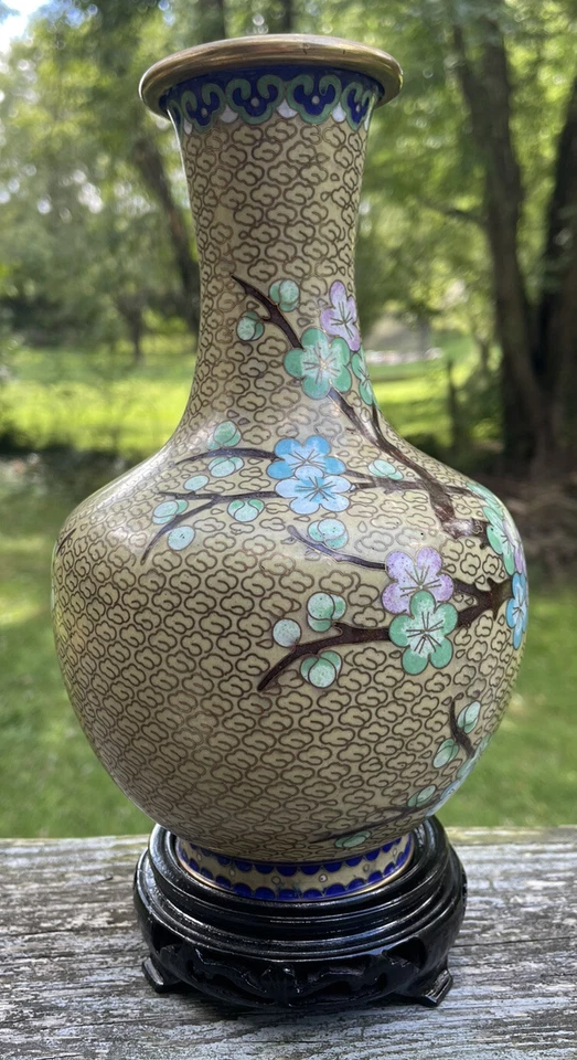 Изысканная *Chartreuse* художественная ваза клуазоне с розовыми/синими/мятными цветами вишневого дерева - Изображение 4 из 4