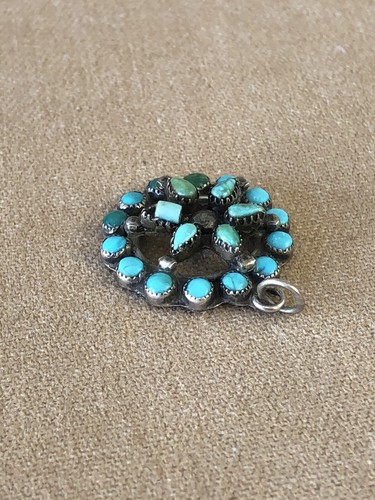 VTG Zuni Petit Point Snake Eyes Green Blue Turquoise Sterling Silver 925 Pendant - Picture 4 of 8
