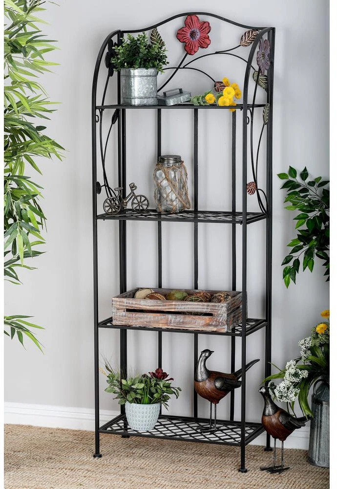 4 Tier Shelves Bakers Rack Black Iron w Colorful Floral Details EZ Assembly