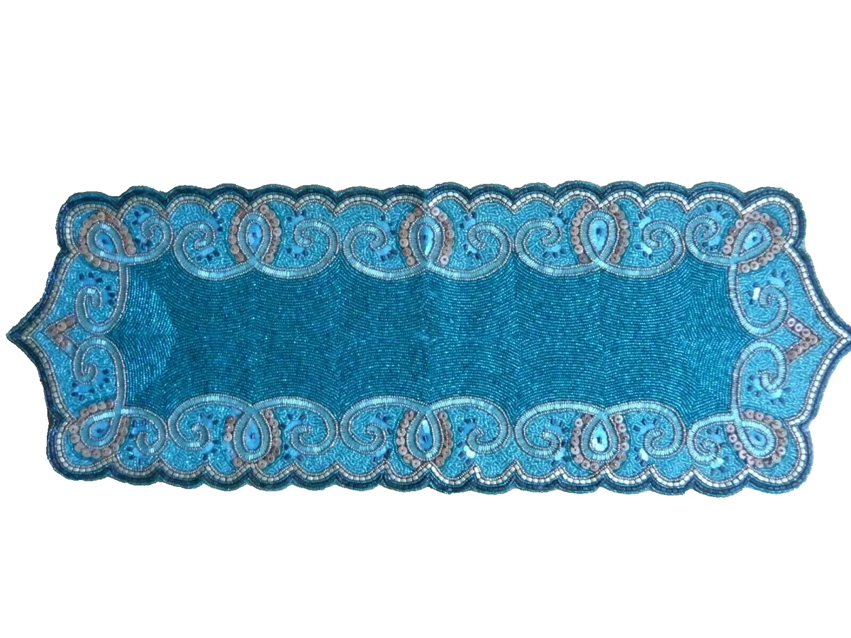 Pier 1 Glass Beaded Table Runner Teal Green Gold Sparkly Intricate