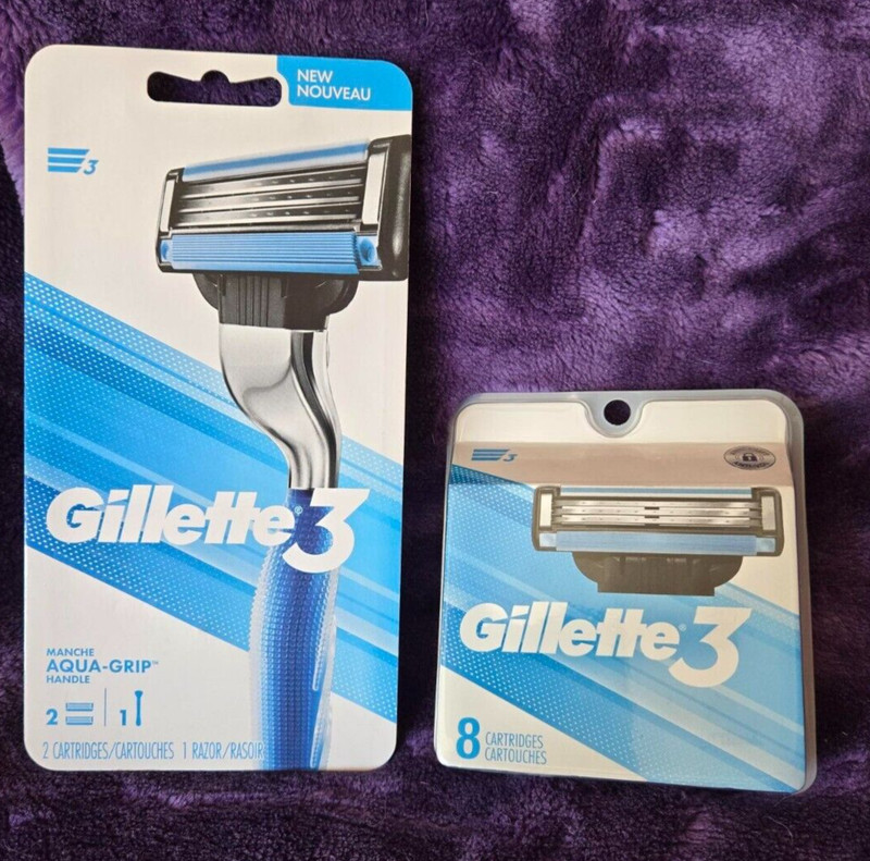 2 new packages Gillette 3 cartridge razors and cartridges, 1 razor, 10 cartridge