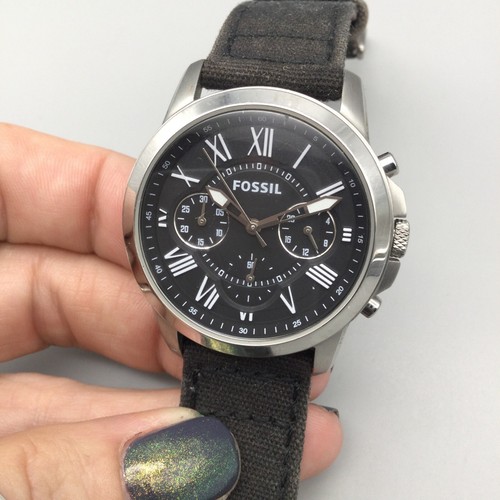 Fossil Grant Chronograph Watch Men Silver Tone 38mm FS4840 Black New Battery - Picture 8 of 14