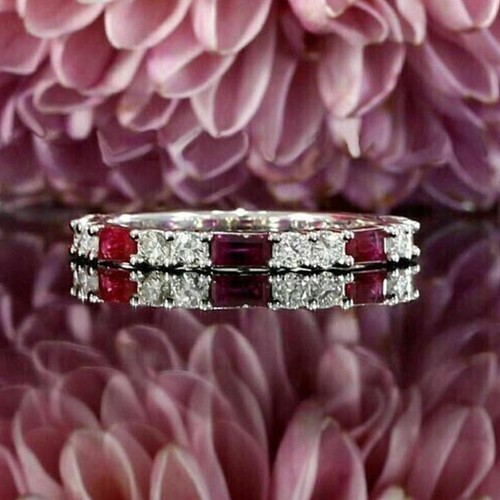 Baguette Red Ruby Diamond Half Eternity Ring Wedding Band 14K White Gold Over - Picture 3 of 7