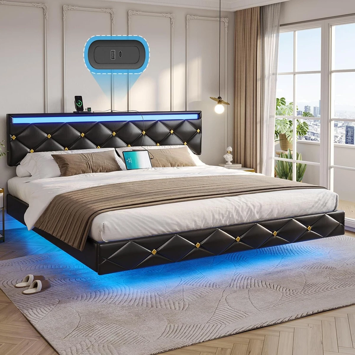 Floating bed with headboard deals