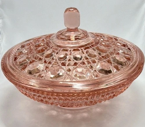 Pink Federal Indiana Depression Glass Candy Dish Windsor Button and Cane pattern
