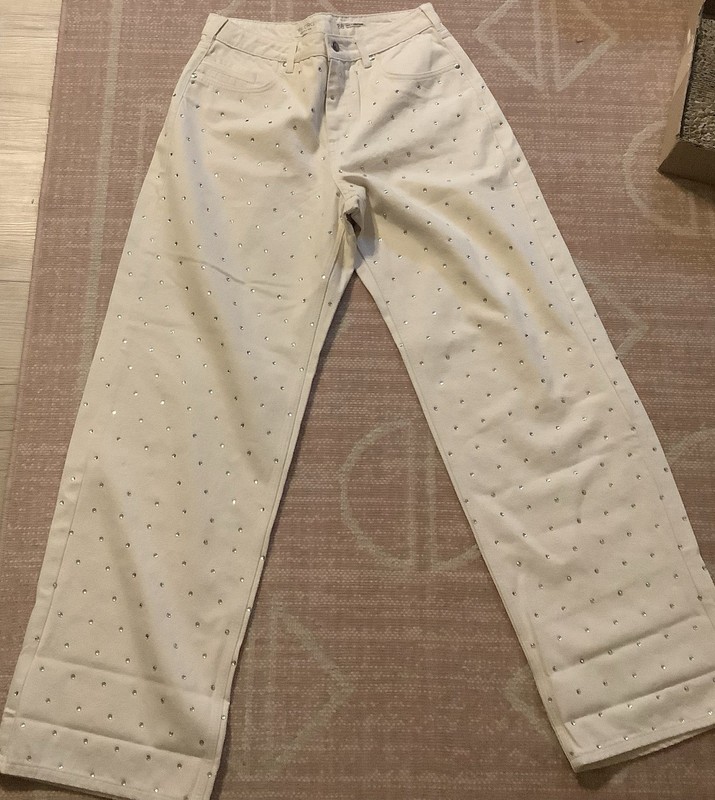 Studded Rhinestone Wide Leg Denim Jeans 28