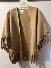 mud pie Woman Cape, Open Front Kimono One Size Fringe Tan