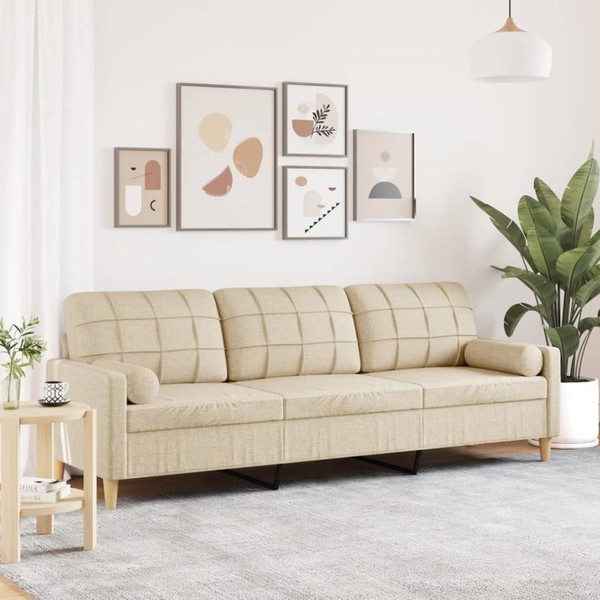 Sofa 3-Sitzer Mit Zierkissen Creme 210 Cm Stoff-image