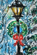 ACEO Original PAINTING Snow Wreath St Lamp WINTER Xmas Holiday Landscape ATC ART