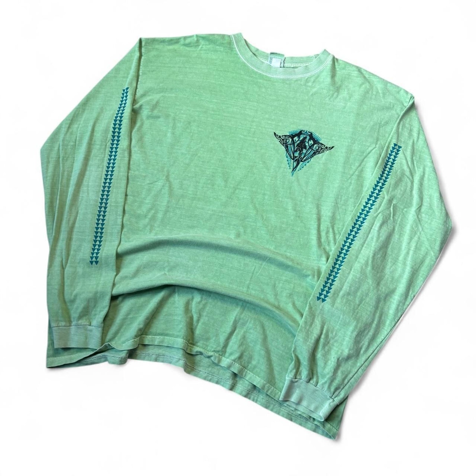 Vintage Y2K Hawaii Tribal Sting Ray Long Sleeve T-Shirt Mens XL Green Surfer