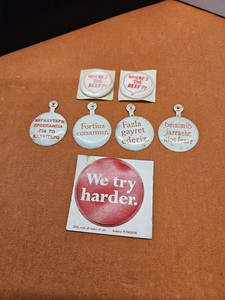 Collection of 7 Vintage Avis/Wendy's Advertising/Promotional Buttons/Stickers