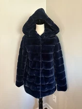 Laundry By Shelli Segal NEW Blue Faux Fur Coat Jacket Hooded Lined Size Small