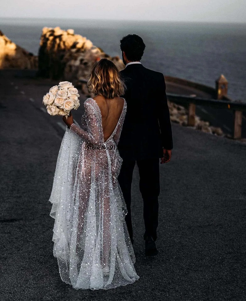 Beaded Wedding Dresses Sequined Long Sleeves V-neck Boho Formal Bridal Gown - Image 4 of 4