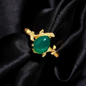 Authentic Natural Green Onyx Pear Ring 925 Sterling Silver Gold Plated Handmade Jewelry