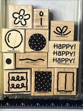 Stampin Up! Polka-Dot Party Wood Mounted Rubber Stamps Balloon Happy Flower