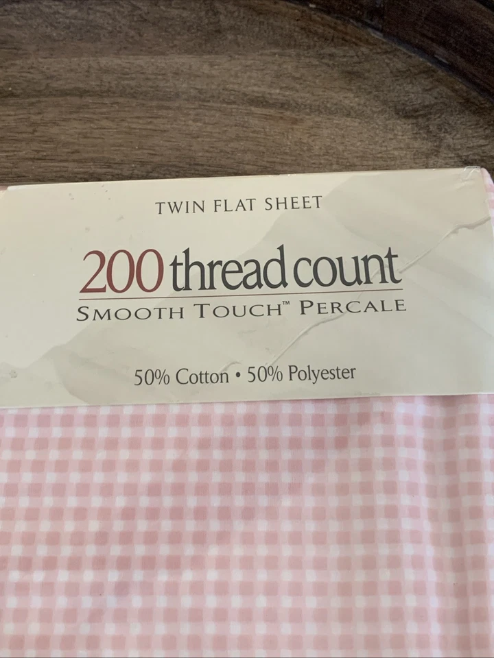 Hoja plana doble vintage J.C. Penney rosa y blanco guinga 66 X 96 NUEVA 200 hilos Foto 3 de 4