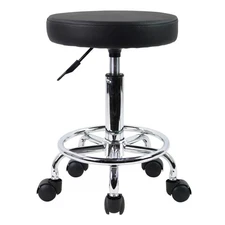  Leather Round Rolling Stool with Foot Rest Swivel Height Adjustment