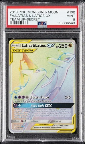 2019 POKEMON SUN & MOON TEAM UP SECRET #190 FULL ART/LATIAS & LATIOS GX PSA 9