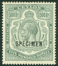 SG 322s Ceylon 1912-28. $500 dull green. A fine fresh lightly mounted mint...