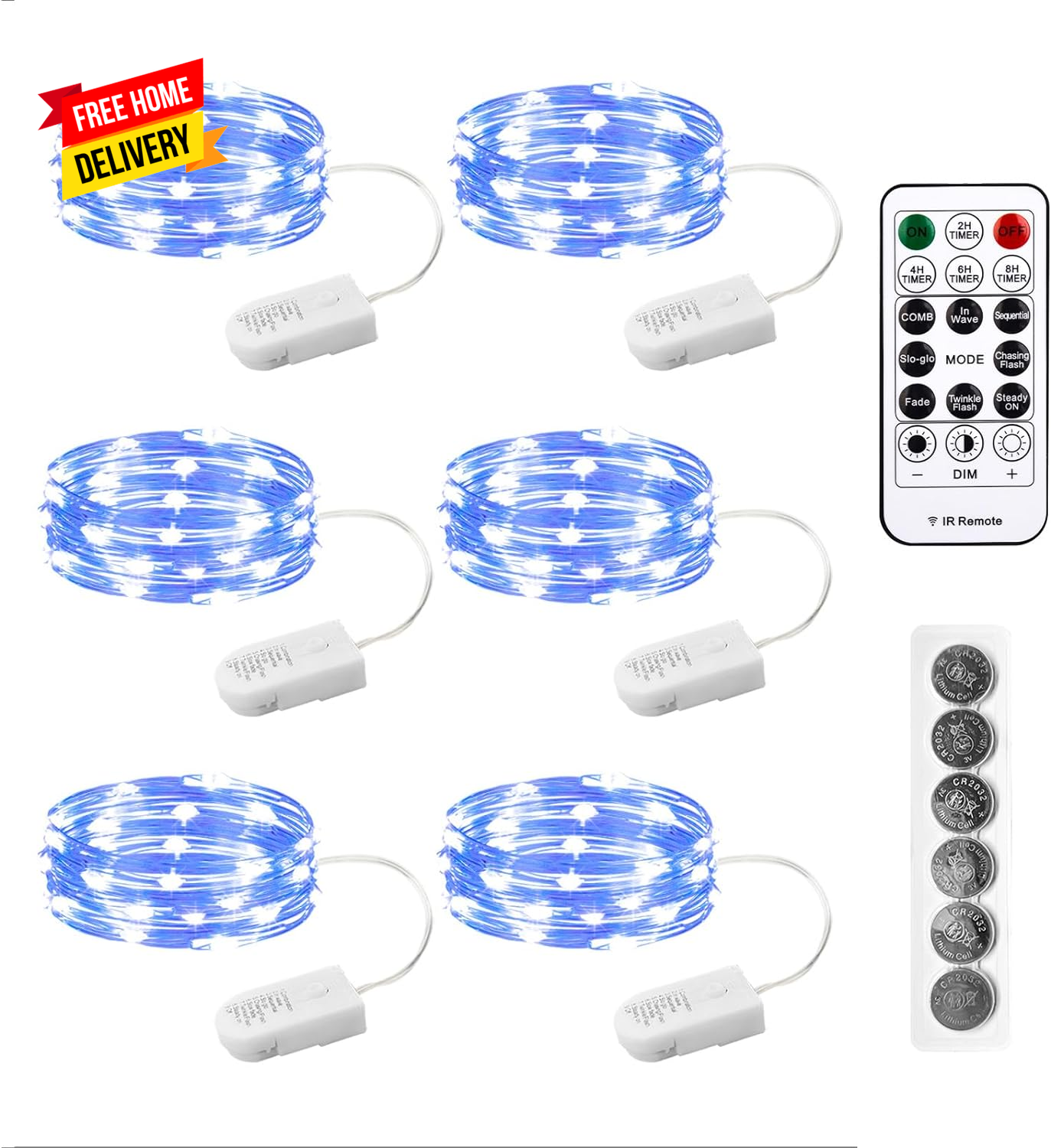 6PCS Fairy Lights Battery Powered with Remote, 7Ft 20Leds Blue Twinkle Mini Ligh