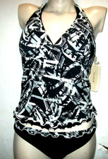 NEW GOTTEX PROFILE sz 6 SWIMSUIT tankini bikini swimsuit black white ruffle 2 pc